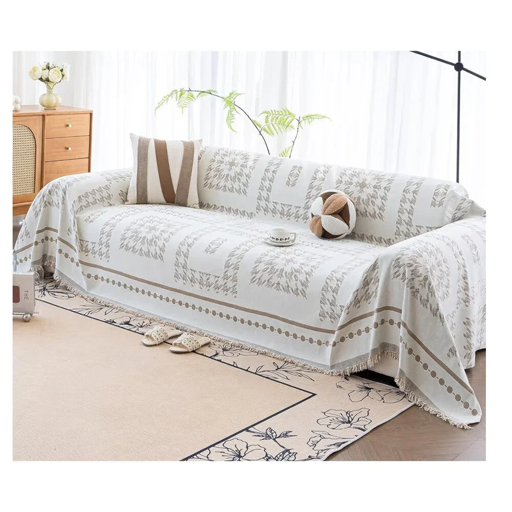 Tan Cream Houndstooth Couch Cover Blanket Boho 71